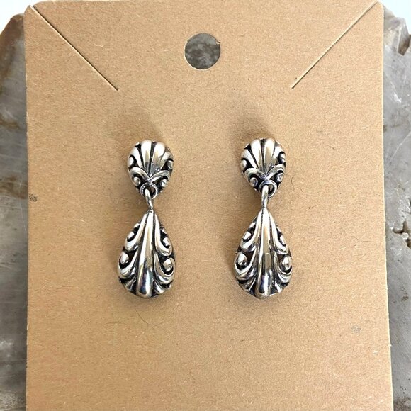 Sterling Silver 925 1" Scrollwork Dot Teardrop Pierced Dangle Drop Earrings - Picture 1 of 16